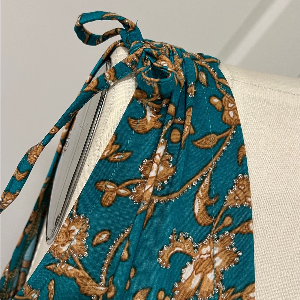 Teal Floral Midi Dress with Tie Straps - Picture 4 of 5